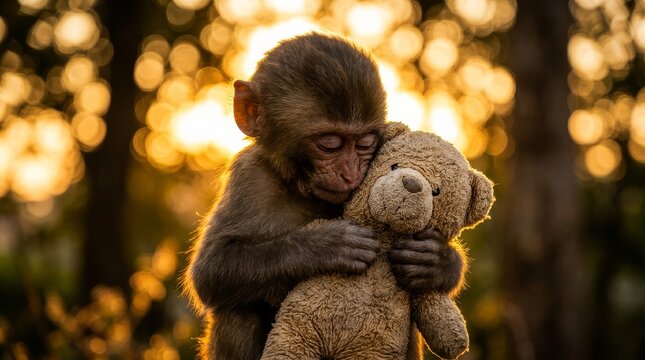 Adorable baby monkey gently hugging a soft teddy bear with eyes closed in a tender embrace during a beautiful golden hour sunset in an outdoor forest setting