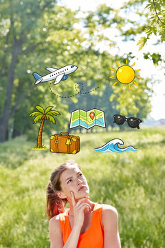 White teenage girl one person outdoors in sunny park thinking about travel vacation with doodle icons plane map sun beach and bag. Concept of dream trip planning, summer holiday ideas and wanderlust i