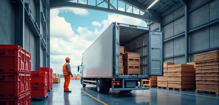 Worker in orange uniform and hard hat stands by open trailer at warehouse. Stacks of red crates and wooden boxes. Goods loaded for transport.