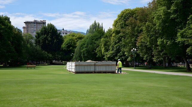A worker in a hi vis vest stands near a stack of paving blocks in a lush green city park on a sunny day with buildings in the background
