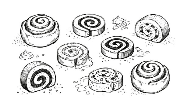 Hand-drawn cinnamon roll variety illustration in black and white