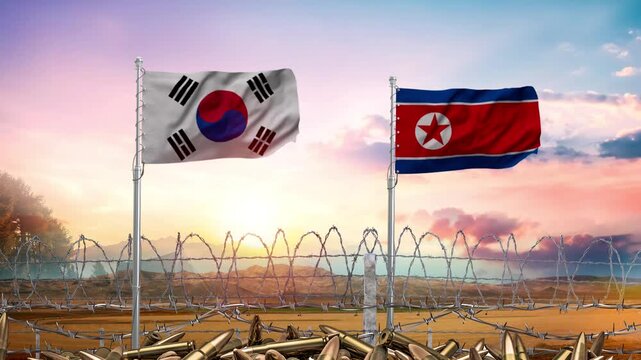 North Korea and South Korea flags are divided by barbed wire in a conflict