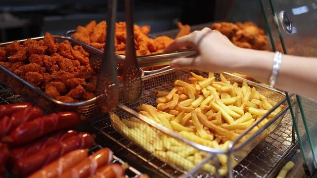 Close up of various fast food dishes on a display shelf at a food court. French fries, sausages, fried chicken nuggets and crispy wings in metal baskets. Concept of junk food and self service dining.