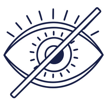 Invisible eye outline with radiating lines, crossed out by a diagonal bar, privacy mode vector icon, unviewable content concept
