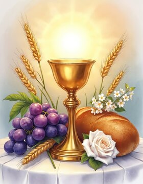 Golden chalice with host grapes bread white roses and wheat ears on table. Religious christian communion sacrament symbols for celebration background.