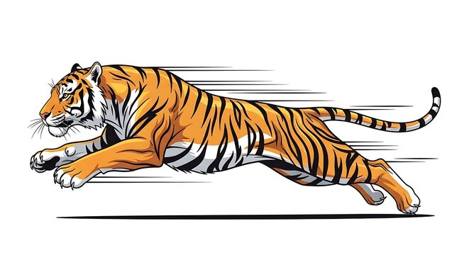 A tiger is running quickly with motion lines behind it