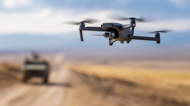 Camera drone flying over dirt road in desert landscape with blurred off-road vehicle in background