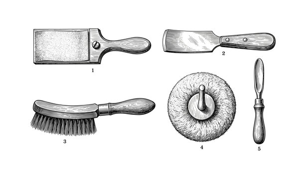 Vintage barber tools collection with razors, brush, and shaving accessories