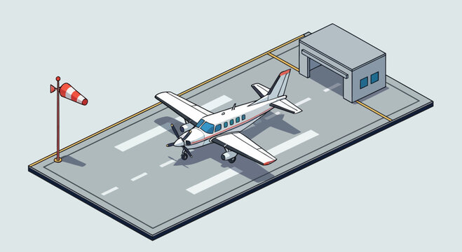 Small white airplane on runway with hangar and windsock in isometric 3D vector art style for travel