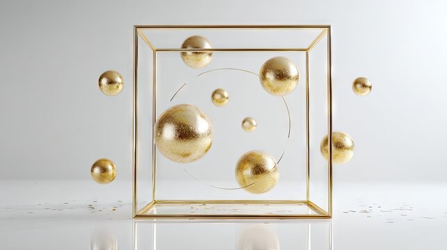 Glimmering golden spheres float within and around a transparent cubic frame structure