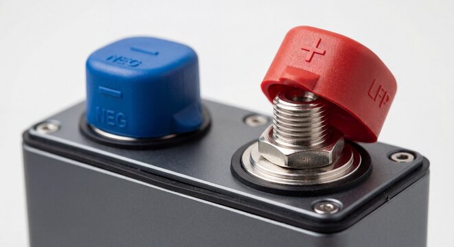 Close-Up of LFP Battery with Protective Terminal Caps for Safe Handling
