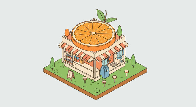 Isometric fresh orange juice shop bar with fruit roof icon art vector sign 3D map web