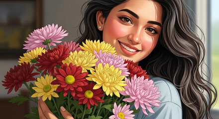 Naklejka premium Young woman smiling while holding colorful bouquet of flowers 
