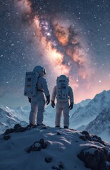 Fototapeta premium Two astronauts on snow mountain peak gaze at starry night sky and galaxy. Space exploration, journey, and adventure concept. Cosmic discovery and wonder.