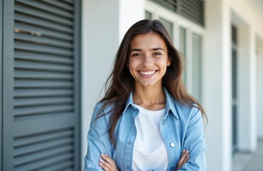 Fototapeta premium Happy young woman smiles with perfect white teeth, arms crossed. Confident female student poses outside campus building. Represents positivity and academic success in her casual attire.