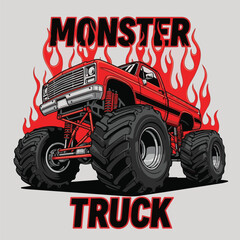 Powerful red monster truck with oversized tires and stylized flames in the background © Redwan Ahmed Marjan