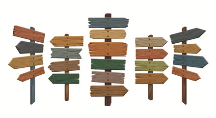 Fototapeta premium Illustrative blank wooden signposts with arrows pointing varied directions, isolated graphic for choice, guidance, and multiple path concepts.