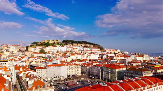 Aerial View of Praca da Figueira, Alfama Rooftops and Sao Jorge Castle Lisbon Portugal