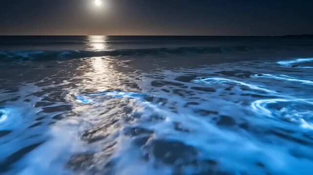 Glowing ocean waves at night beach.