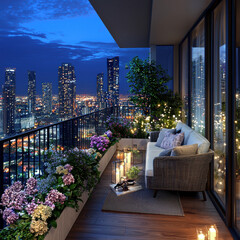 Fototapeta premium Modern luxury balcony with cityscape view, cozy sofa, glowing lights, lush plants, evening ambiance, urban apartment, peaceful atmosphere