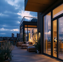 Obraz premium Modern luxury balcony with city view, wooden deck, glass doors, cozy seating, evening lighting, urban apartment, contemporary style