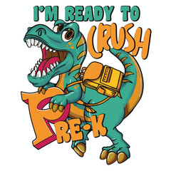 Obraz premium Cute green cartoon tyrannosaurus rex wearing a backpack ready to crush pre-k and start school.
