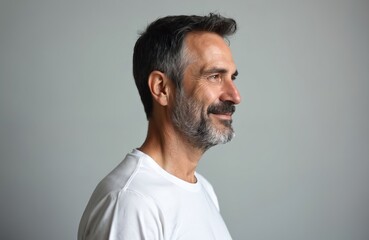 Obraz premium Middle-aged man profile studio shot. He has short dark hair with grey streaks and beard. Man wears white t-shirt, smiles looking to the side. Grey background.