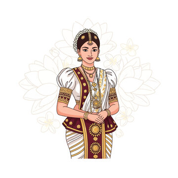 Sinhala and Tamil New Year celebration A Sri Lankan culture illustration featuring Avurudu traditions, Kavili, and Kiribath with a floral background and ample copy space for design