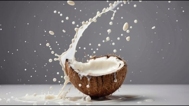 Alternative plant milk pouring into coconut shell, vegan superfood, healthy eating, dairy-free lifestyle, nutrition concept, wellness and food trends.