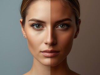 Fototapeta premium Young woman with split tone lighting showcasing emotional contrast in portrait
