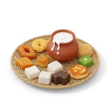 Sri Lankan Avurudu Kavili and Kiribath on tray, celebrating Sinhala and Tamil New Year culture. Traditional sweets, clean background, much copy space