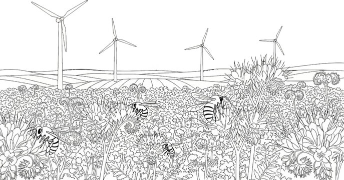 Wind turbines rise above a field of wildflowers buzzing with bees