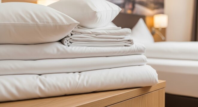 Stack of clean white bedding sheets and pillows on a bed in a hotel room. Fresh laundry for guest accommodation. Textile concept for bedroom interior design and professional housekeeping service.