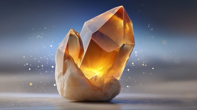 Luminous citrine crystal cluster glows with warm amber light through transparent geometric facets representing natural mineral healing energy and spiritual wellness for decorative meditation spaces