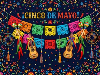 Fototapeta premium Colorful festive decorations for the Cinco de Mayo celebration, featuring vibrant banners, guitars, and maracas, with a dark background