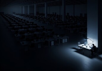 Obraz premium Man working alone at desk in large dark office. Employee working overtime late at night in empty workspace. Corporate burnout, loneliness, and professional dedication concept.