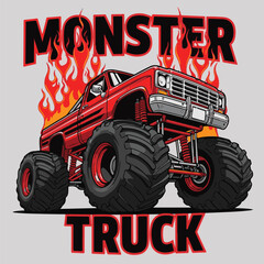 Red monster truck illustration with large tires and flames in the background for a powerful look © Redwan Ahmed Marjan