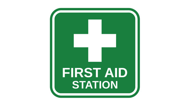 First aid station sign with white cross for medical assistance