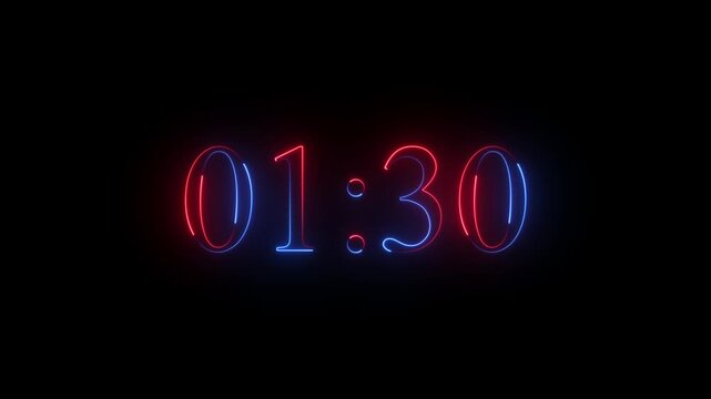 Glowing neon colorful 3 minute countdown animation from 180 seconds to 3 minute countdown timer on a black background. 4k video.