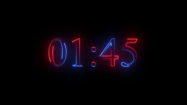 Glowing neon colorful 3 minute 30 seconds countdown animation from 210 seconds to 3 minute 30 seconds countdown timer on a black background. 4k video.