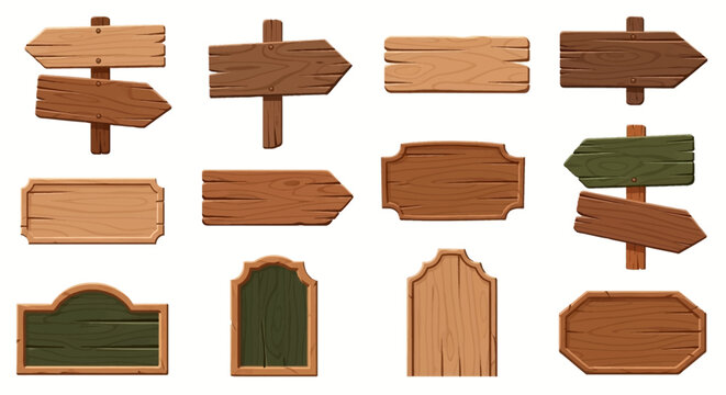 Set of diverse rustic wooden signs and arrow-shaped signboards with natural textures, a versatile graphic collection