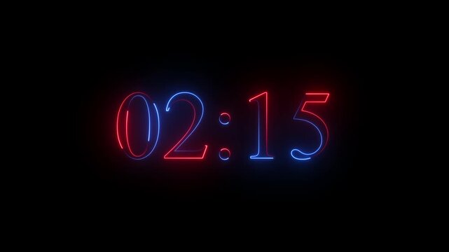 Glowing neon colorful 4 minute 30 seconds countdown animation from 270 seconds to 4 minute 430 seconds countdown timer on a black background. 4k video.