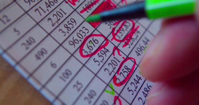 Paperwork.Close-up video of marker working with numbers on a paper sheet, illustrating business concept.