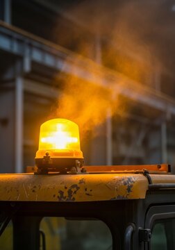 Yellow beacon light flashing on top of industrial machinery. Warning signal lamp on construction equipment. Alert indicator for work site safety and heavy duty vehicle operation.