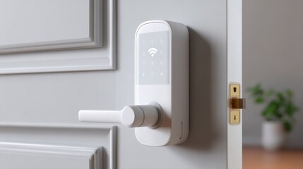 Naklejka premium Smart lock with Wi Fi symbol on display shown on a modern door in a clean studio setting with effective lighting