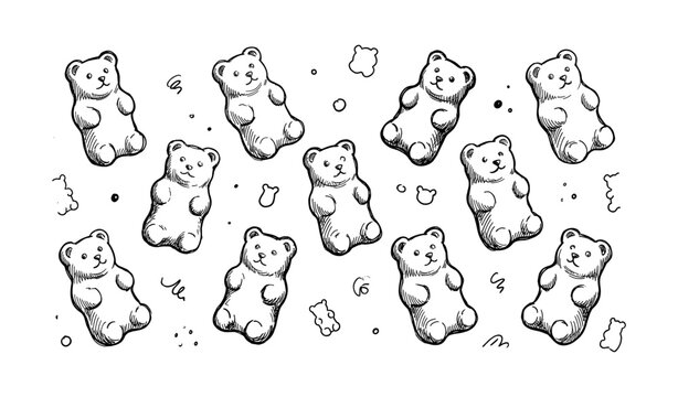 Hand-drawn gummy bear pattern in black and white ink