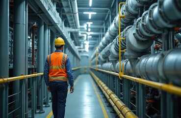 Fototapeta premium Industrial facility interior with technician walking down hallway. Rows of large pipes and machinery fill the space. Worker wears hard hat and safety vest, inspects complex infrastructure.