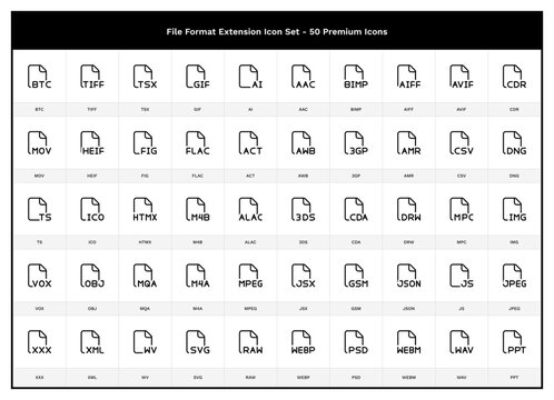 File Format & Extension Icon Set. Document 50 Outline Icons. GIF, MQA, PPT, Video, Audio, Image, 3D, BTC, FLAC, RAW, SVG