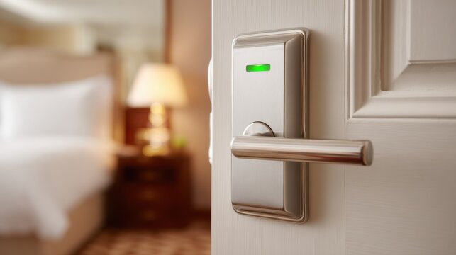 Close view of hotel electronic lock panel showing green light as door opens in modern room setting