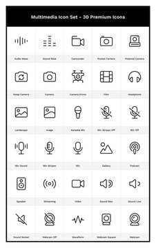 Multimedia Icon Set. 30 Premium Thin Outline Icons. Podcast, Audio, Video, Camera, Streaming, Sound, Camcorder, Image, Gallery, Photo, Headphone, IEM, Drone, Mic, Podcast, Streaming, CCTV, Speaker